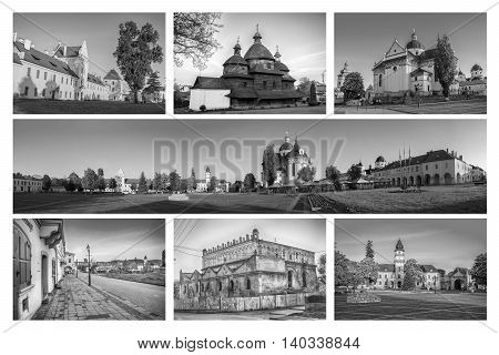 Set of views of old Zhovkva city in Ukraine. Collage. Black and white