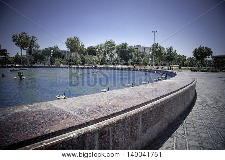 Beautiful fountain in Park, Old Bukhara city Uzbekistan