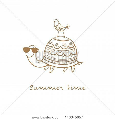 Card with cute cartoon  turtle in sunglasses  and bird. Summer time. Children's illustration. Funny animals. Vector contour image no fill.