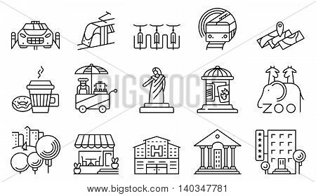 Vector line simple and thin locations and city icons set.