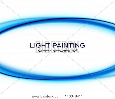 Vector banner design template with abstract blue color glowing curves isolated on white background. Bright colorful illustration of light painting special effect with transparency