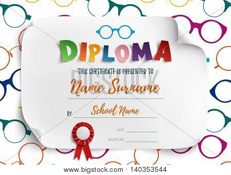 Diploma template for kids, school, preschool, playschool, certificate background wit colorful reading glasses. Vector illustration.