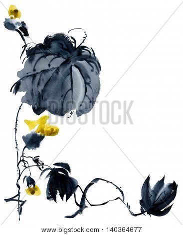 Yellow flower with bud. Oriental traditional painting in style sumi-e gohua.