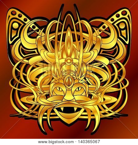 Patterned fantastic creature deity demon or an animal resembling a tiger with a headdress in the form of a butterfly. African indian tattoo design. Isolated vector composition.