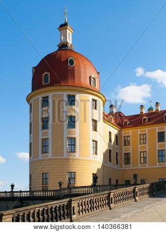 Detailed view of Moritzburg castle tower on sunny summer day, Dresden, Germany
