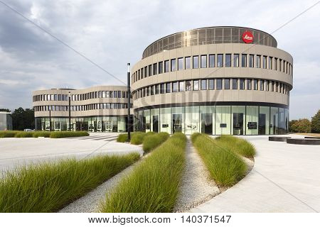 WETZLAR GERMANY - JULY 24 2016: Futuristic buildings of the Leica cameras factory and office in the Leitz Park Wetzlar Hesse Germany