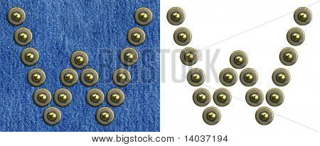 กางเกงยีนส์ rivet อักษรจดหมายปริมาณ บนพื้นหลังของกางเกงยีนส์ และแยก