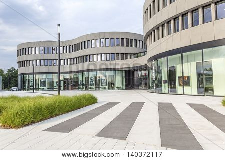 WETZLAR GERMANY - JULY 24 2016: Futuristic buildings of the Leica cameras factory and office in the Leitz Park Wetzlar Hesse Germany