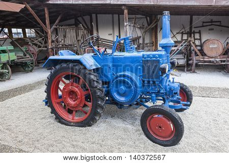 FRANKFURT GERMANY - JULY 23 2016: Historic Lanz Bulldog tractror from ca 1949. The Bulldog tractors were manufactured by Heinrich Lanz AG in Mannheim Baden-W