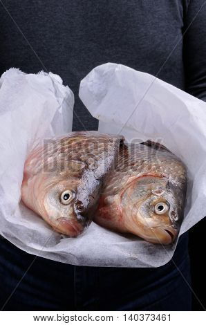 Man holding fresh crucian carp stacked on paper