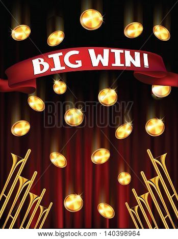 BIG win background with fanfars, falling coins and red ribbon