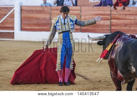 Sabiote SPAIN September 9 2011: The Spanish Bullfighter Francico Rivera bullfighting with the crutch in the Bullring of Sabiote Spain