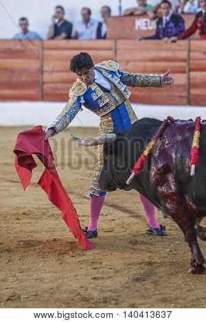 Sabiote SPAIN September 9 2011: The Spanish Bullfighter Francico Rivera bullfighting with the crutch in the Bullring of Sabiote Spain