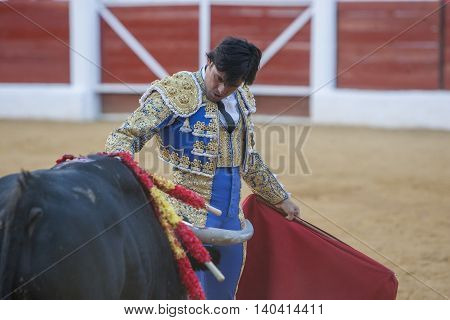 Sabiote SPAIN September 9 2011: The Spanish Bullfighter Francico Rivera bullfighting with the crutch in the Bullring of Sabiote Spain