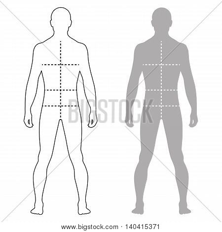 Fashion man full length outlined template figure silhouette with marked body's sizes lines (front view) vector illustration isolated on white background