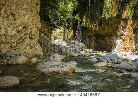 Mountain River Gorge Near Panta Vrexei In Evritania, Greece