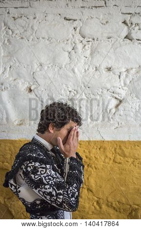 Andujar SPAIN - September 7 2014: Spainish bullfighter Miguel Abellan totally focused moments before leaving to fight in Bullring of Andujar Spain