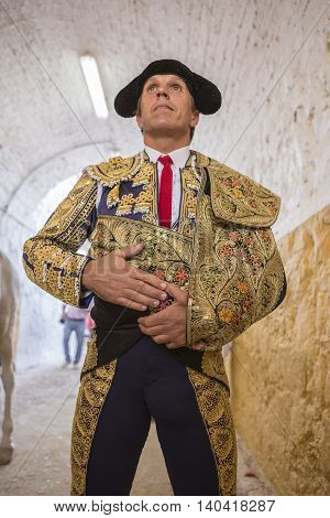 Andujar SPAIN - September 7 2014: Spainish bullfighter Manuel Benitez El Cordobes totally focused moments before leaving to fight in Bullring of Andujar Spain