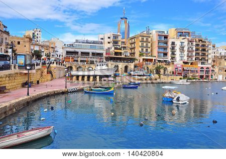 SAINT JULIAN MALTA - MARCH 5: Main touristic harbour of Sliema city on March 5 2014. Saint Julian is a part of Valletta the capital and the largest city of Malta.