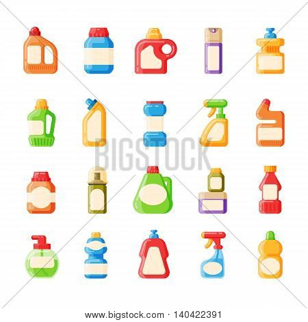 Set of house hold bottle template and container bottle pack design bottle template. Bottle template plastic package. Blank package container dummy collection bottle template flat vector illustration.