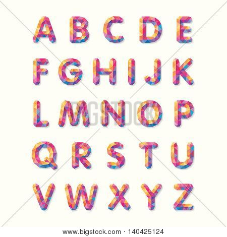 Polygonal alphabet, faceted capital letters. Colorful mosaic of triangles