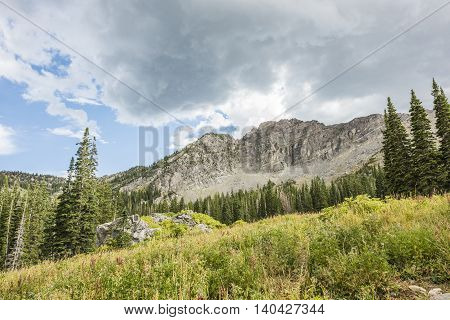 Stormy cloud in Albion basin mountains and alpine forest near Salt Lake City, Utah