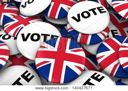 British Elections Concept - Uk Flag And Vote Badges 3D Illustration