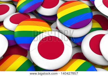 Japan Gay Rights Concept - Japanese Flag And Gay Pride Badges 3D Illustration