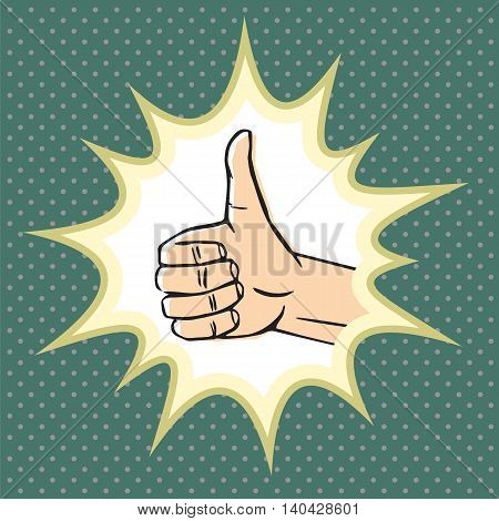 Thumbs up gesture (like symbol). Hand sign with pop explosion. Vector illustration