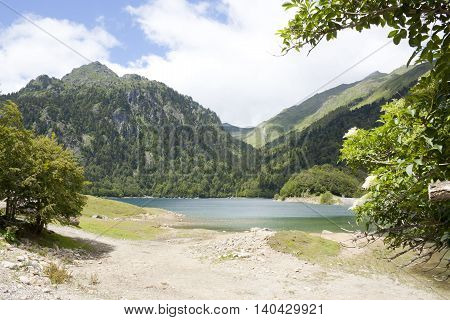 Lake between mountains in the Ayous Lakes Pyrenees France