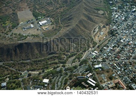 Aerial view of Diamondhead Crater Kapahulu KCC Campus and roads on Oahu Hawaii. April 2016.