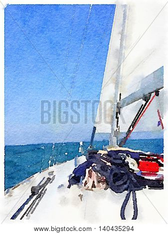 A portrait digital watercolor painting of a sailing boat in the sea with its sails up taken from the deck of the boat. With space for text.