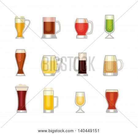 Beer bottle, glass and different types of beer label. Alcohol drinks cups vector icons isolated. Oktoberfest beer light and dark drink vector cups mugs