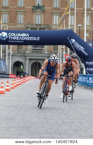STOCKHOLM SWEDEN - JUL 02 2016: Group of male triathlete cyclists Kristian Blummenfelt (NOR) and competitors in the Men's ITU World Triathlon series event July 02 2016 in Stockholm Sweden