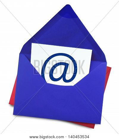 E-Mail, blue envelope with web adress symbol, isolated on white.