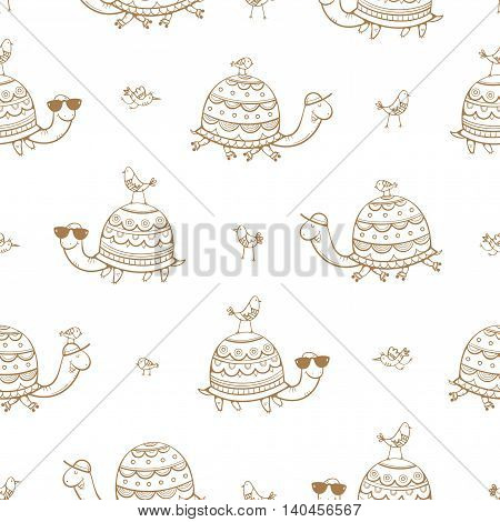 Seamless pattern with cute cartoon turtles and birds on white background. Roller skates and sunglasses. Funny animals. Summer time. Vector contour image.