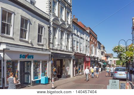 Bury St Edmunds/UK. 18th July 2016. An old street with mixed retail and food establishments close to the Abbey Gardens.
