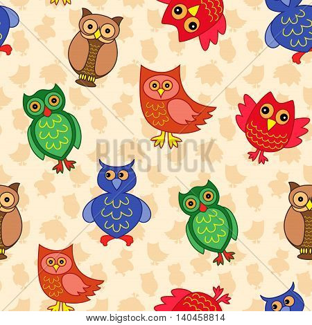 Amusing colourful owls on the background with many stylized simple owls seamless vector pattern