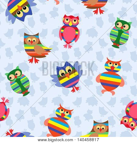Funny colourful stripy owls on the background with many stylized simple owls seamless vector pattern