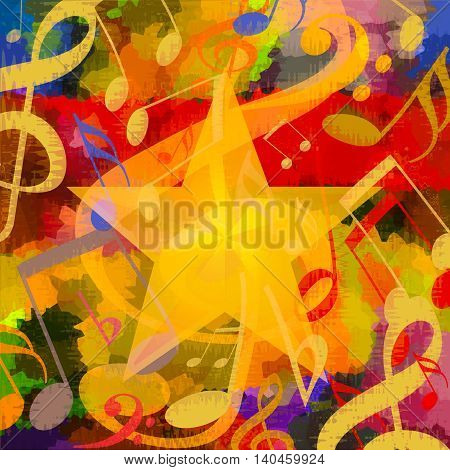 Bright music background with musical notes and big star