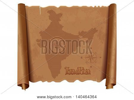 Vintage map of India on an old dilapidated parchment. Wheel with 24 spokes - India symbol stylized map of India and wind rose. Vector illustration isolated on white background
