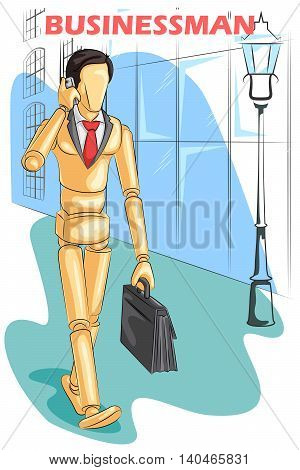 Wooden human mannequin Businessman talking on phone . Vector illustration