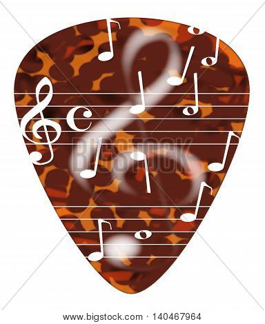 A typical tortoise shell plectrum isolated on a white background with musical notes