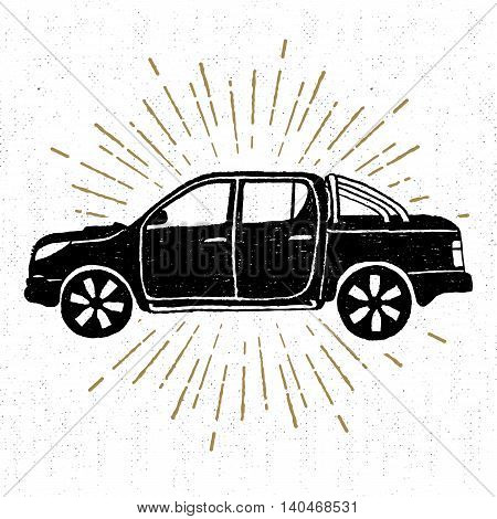 Hand drawn vintage icon with a textured pickup truck vector illustration.