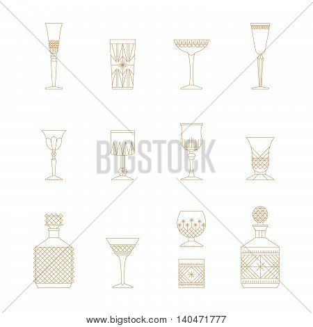 Flat style crystal glass vector icon set. Thin lines web icons set. Champagne wine cogniac coctail ale vodka irish cream liquor whiskey bourbon brandy calvados. Bar cafe restaurant collection.