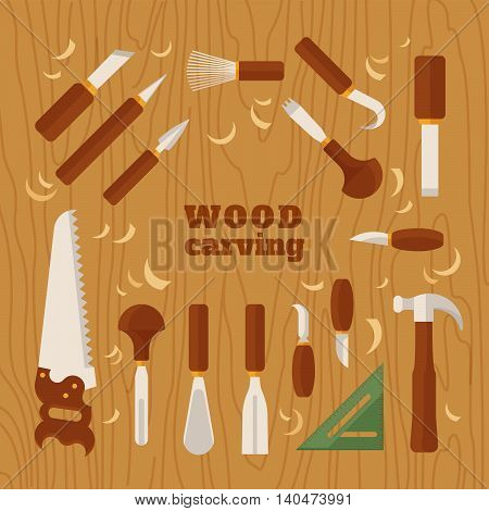 Instrument for carving. The chisels set on wood texture. Flat vector illustration