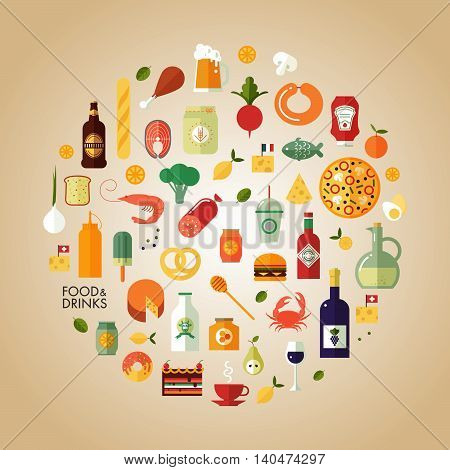 Flat design style modern vector illustration food and drink icon set. Tasty food meals drinks confection seafood vegetables and fruits.