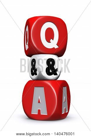 3D illustration of Red and white questions and answers dices on white background