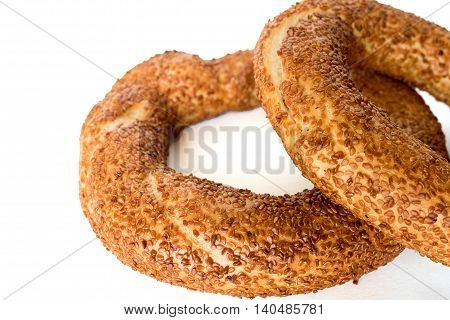 Famous turkish bagel (Simit) for breakfast in Turkey isolated in white background