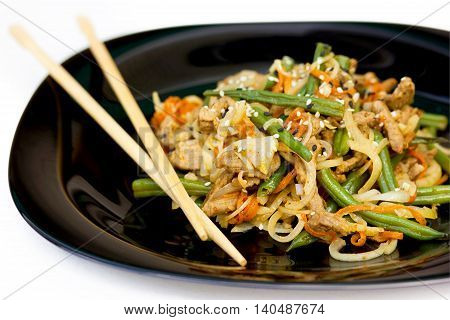 Pork green beans vegetables stir fry traditional asian cuisine selective focus